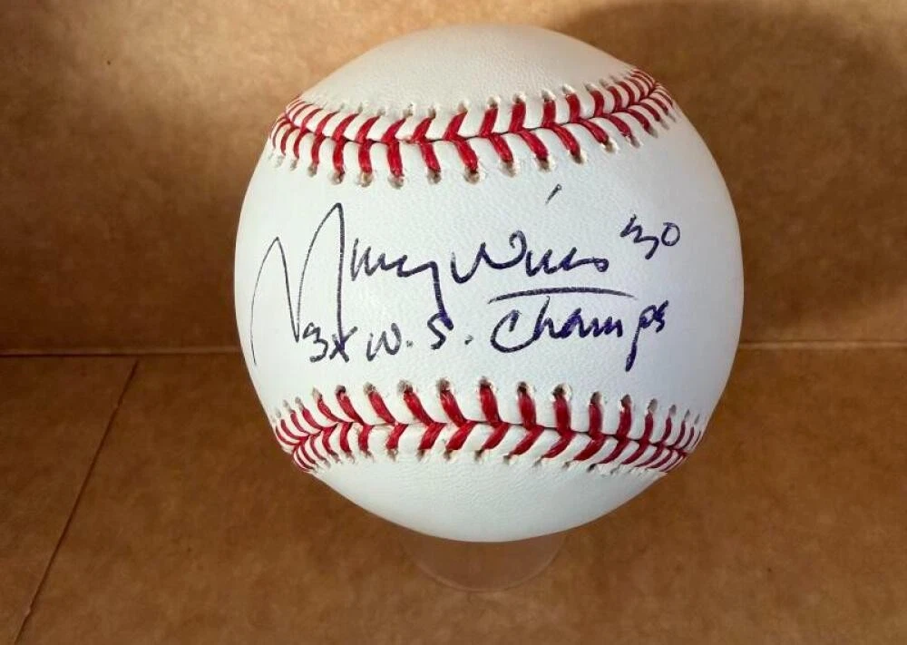 MAURY WILLS DODGERS 3X WS CHAMPS SIGNED AUTO M.L. BASEBALL BECKETT AUTH