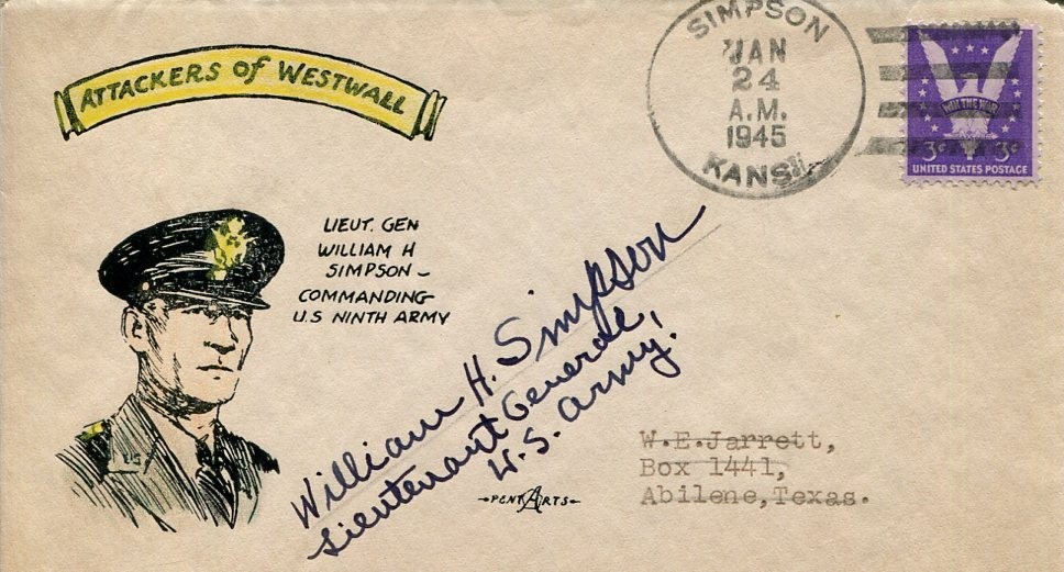 General William Hood Simpson WWII War Ninth Army Opera Overlord Signed Autograph