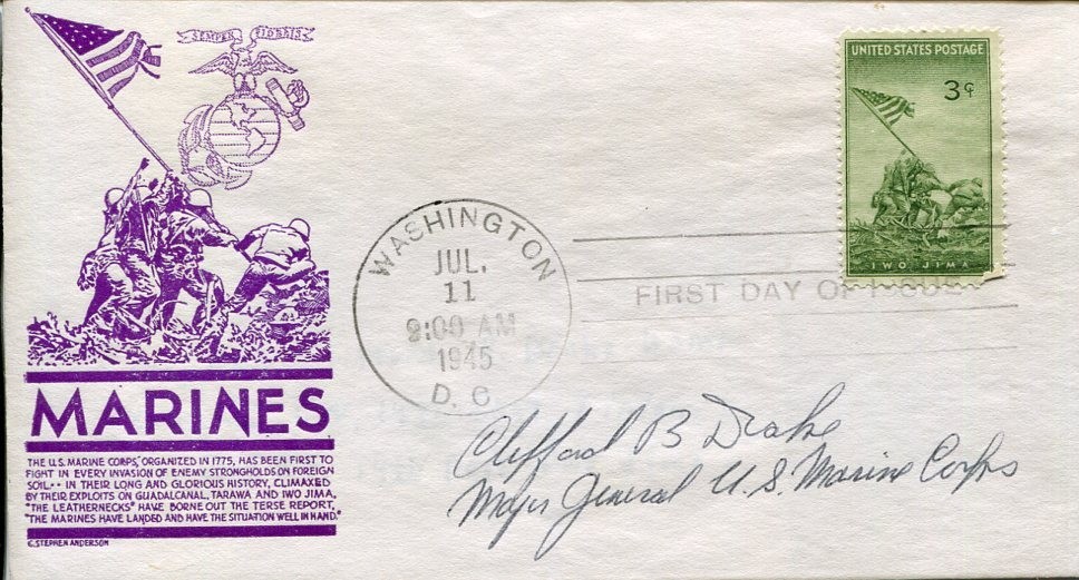 General Clifford Drake USMC Marine WWII Iwo Jima Pearl Harbor Signed Autograph