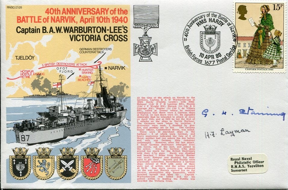 HFH Layman GH Stanning HMS Hospur WWII War Battle Of Narvik Signed Autograph