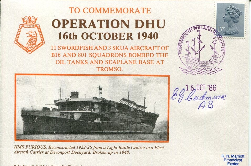 E G Cudmore HMS Furious Operation DHU WWII War Signed Autograph