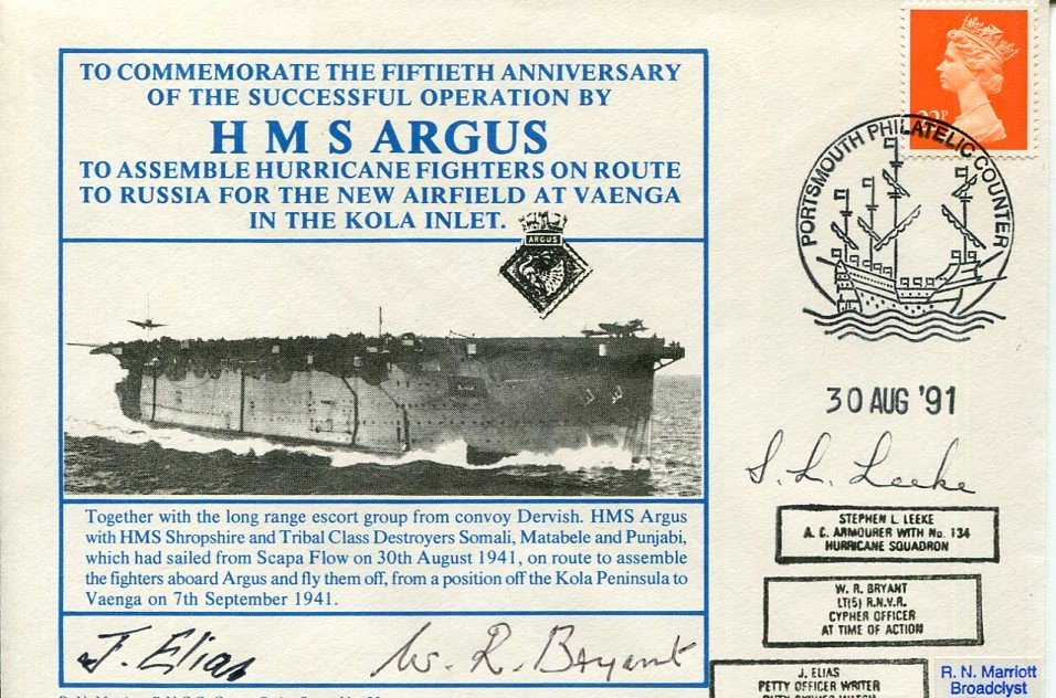 Stephen Leek W. R. Bryant J Elias HMS Argus Hurricane WWII War Signed Autograph