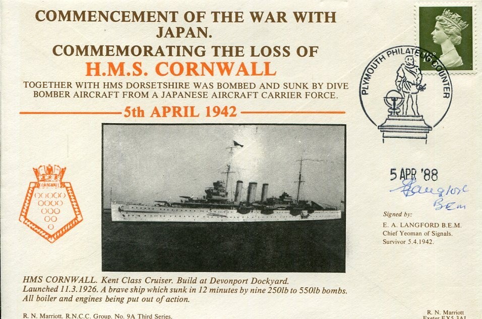 Sam E. A. Langford HMS Cornwall Sinking Survivor WWII War Signed Autograph