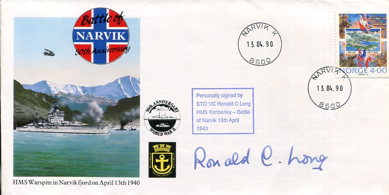 STO 1/C Ronald C Long WWII War HMS Kimberley Battle Narvik Signed Autograph