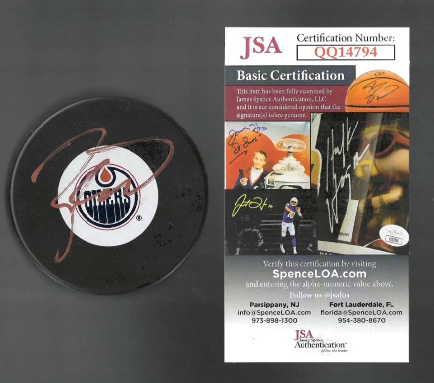 Taylor Hall Signed Edmonton Oilers Large Logo Puck Signed In Gold JSA COA