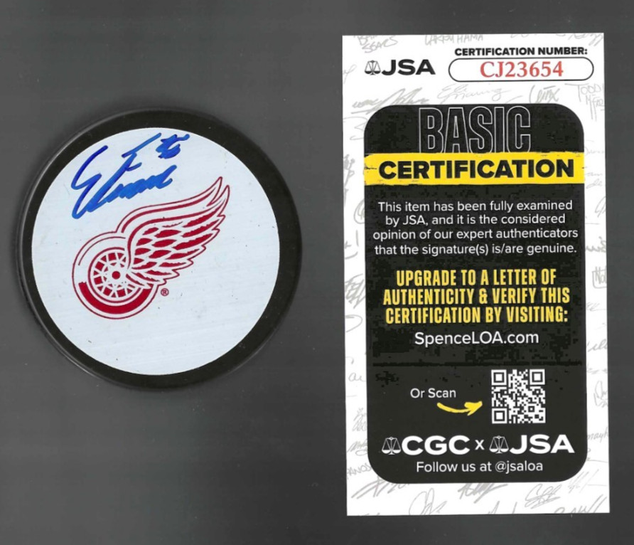 Emmitt Finnie Signed Detroit Red Wings White Logo Puck JSA COA