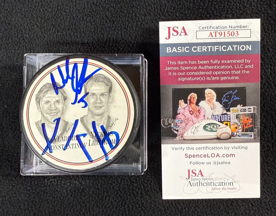 Vladimir Konstantinov Nicklas Lidstrom Signed Detroit Red Wings BK Puck JSA COA