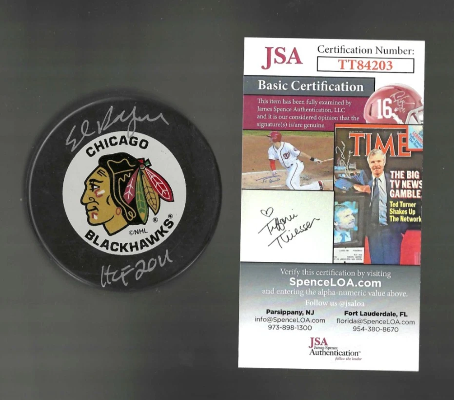 Ed Belfour Signed & Inscribed Chicago Blackhawks In Glas Co Puck JSA COA