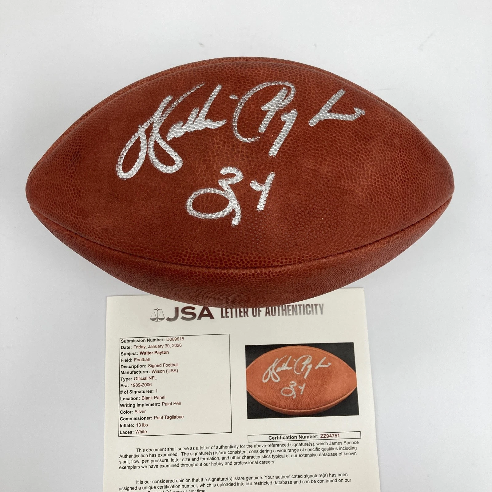 Beautiful Walter Payton #34 Signed Wilson Official NFL Game Football JSA COA