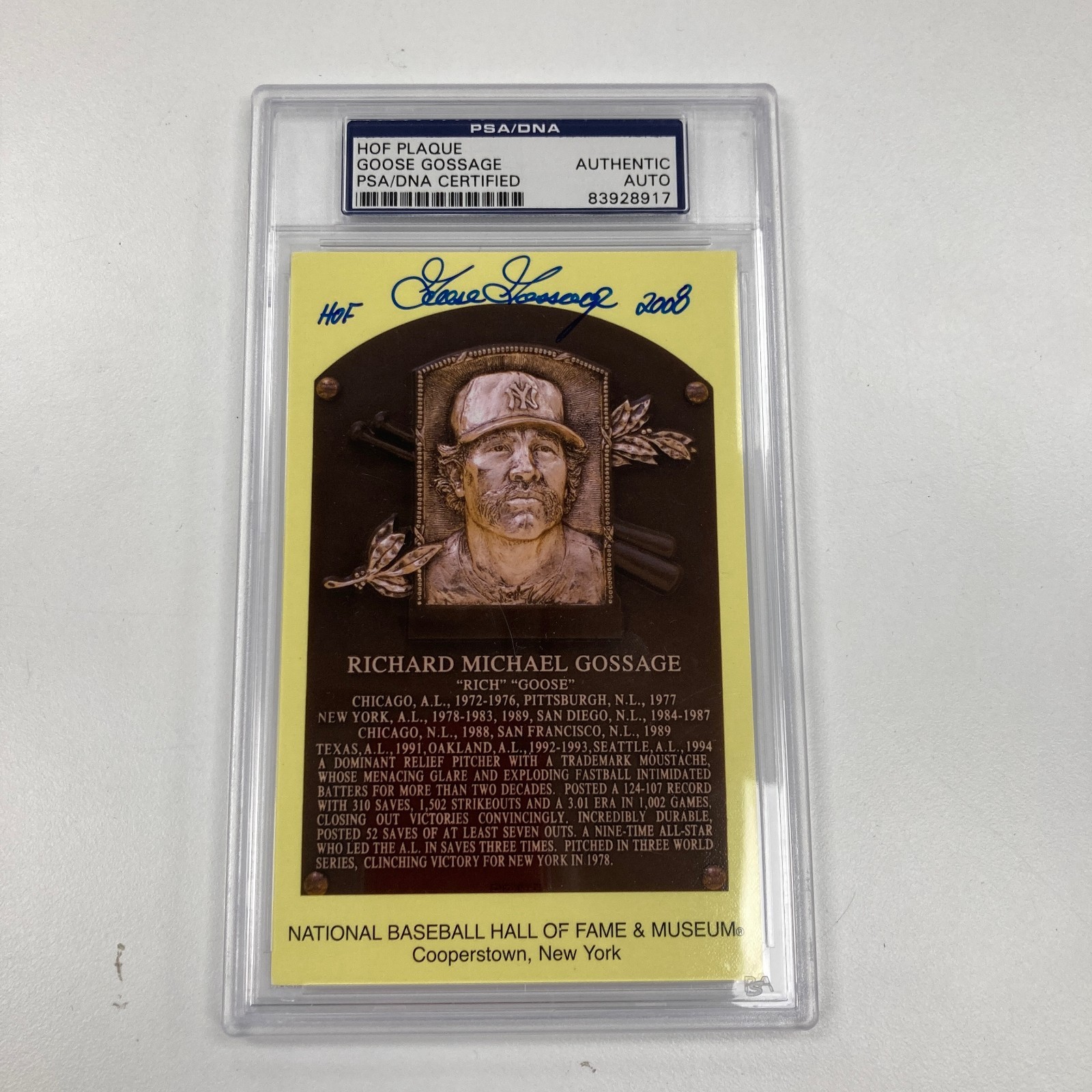 Goose Gossage HOF 2008 Signed Hall Of Fame Plaque Postcard PSA DNA