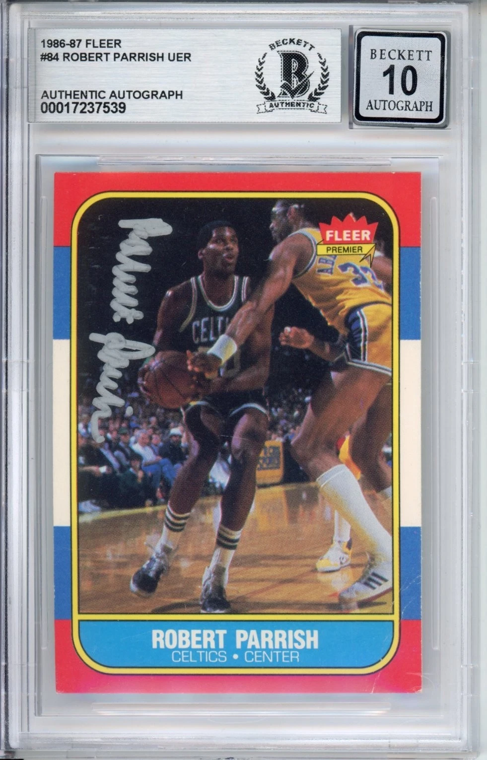 1986 FLEER ROBERT PARISH BOSTON CELTICS HOF SIGNED CARD BAS BGS 10 AUTOGRAPH
