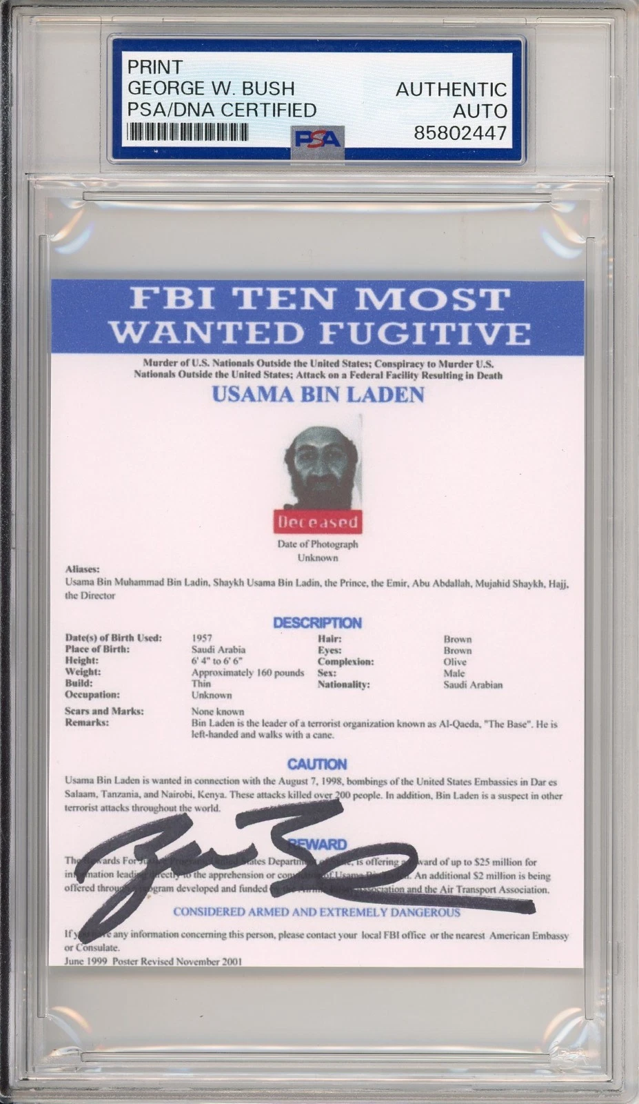 President George W Bush SIGNED Osama Bin Laden FBI Most Wanted PSA DNA COA AUTO