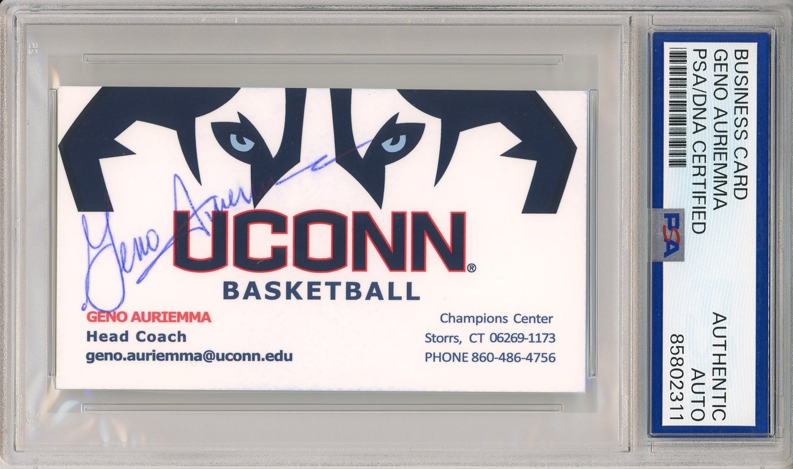 GENO AURIEMMA SIGNED BUSINESS CARD PSA DNA COA UCONN COACH NCAA CHAMP AUTOGRAPH
