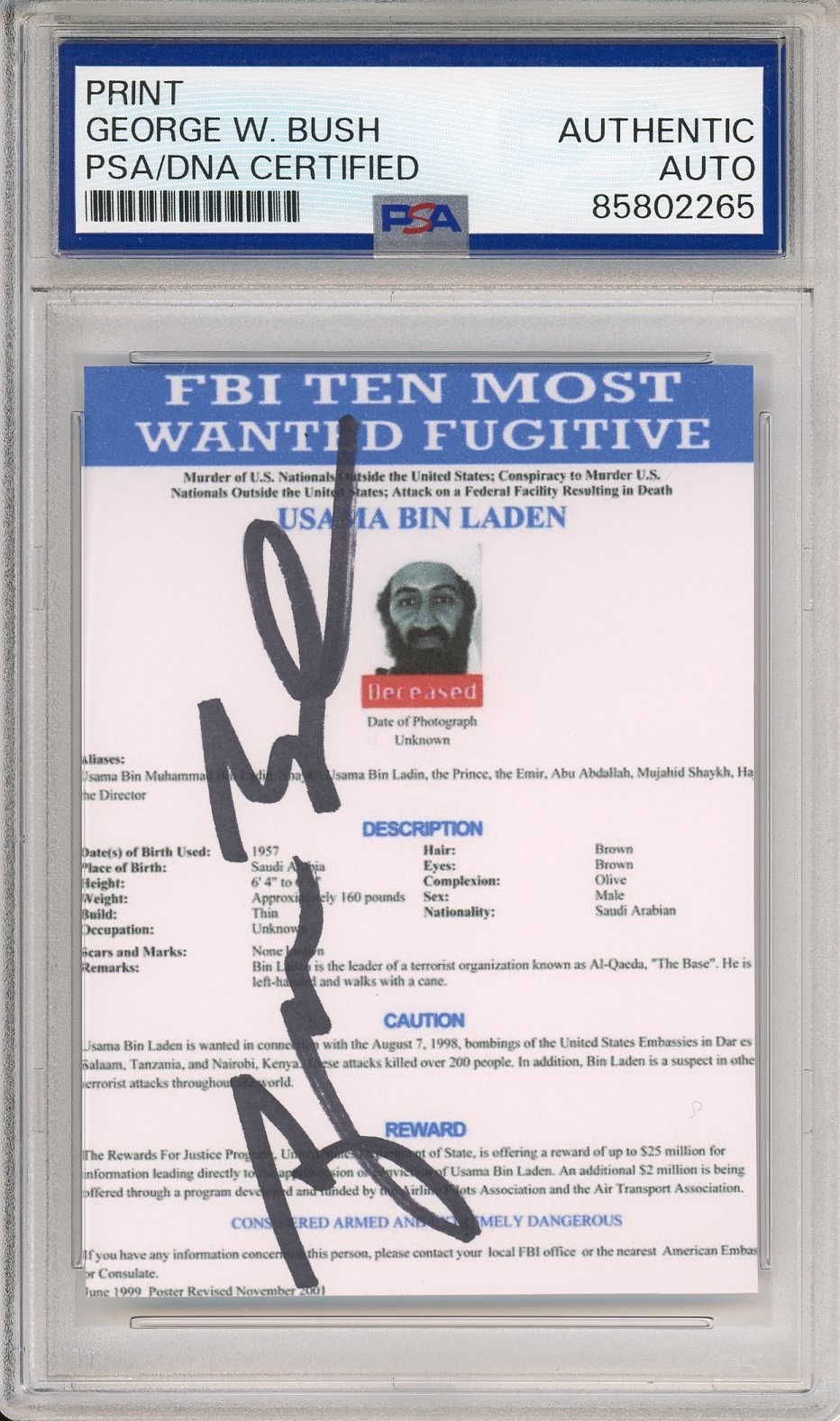 President George W Bush SIGNED Osama Bin Ladin FBI Poster Card PSA DNA AUTOGRAPH