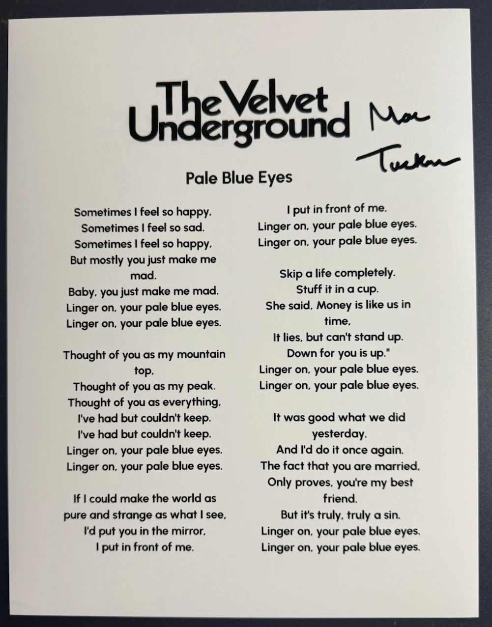MOE TUCKER SIGNED LYRIC SHEET THE VELVET UNDERGROUND DRUMMER AUTOGRAPH COA