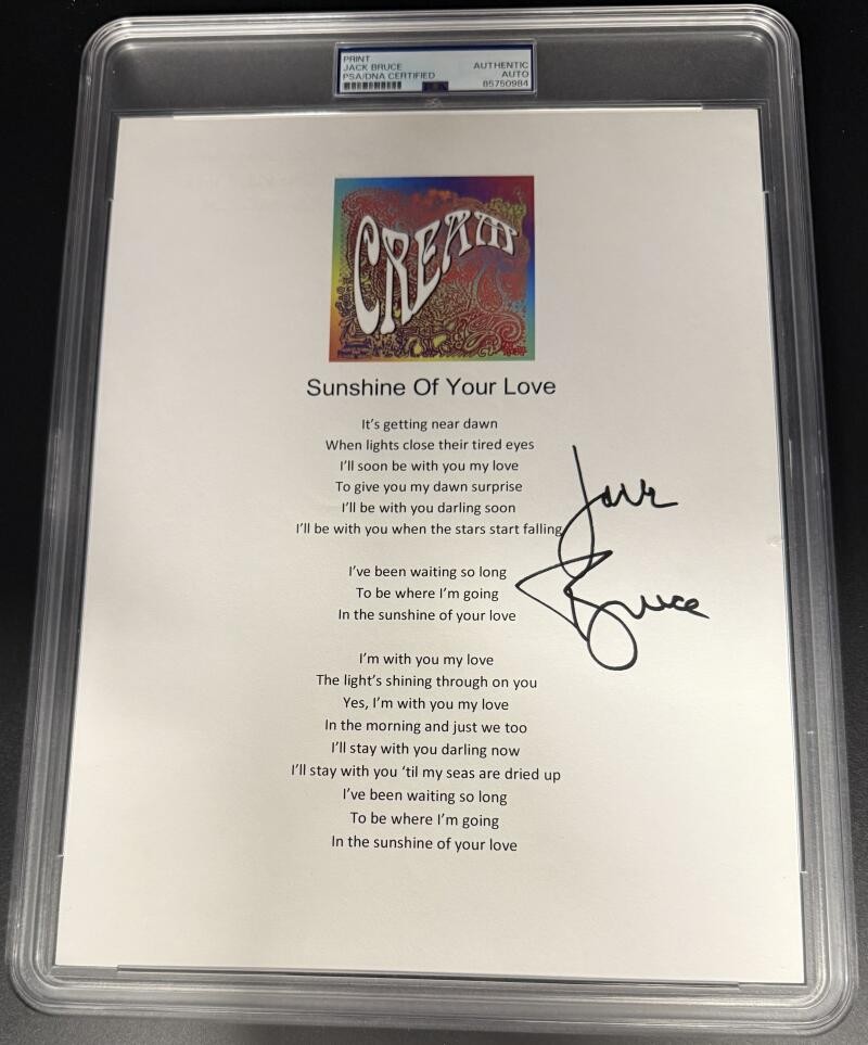 Jack Bruce Cream Signed Autograph PSA/DNA Encapsulated Lyric Sheet Sunshine Love