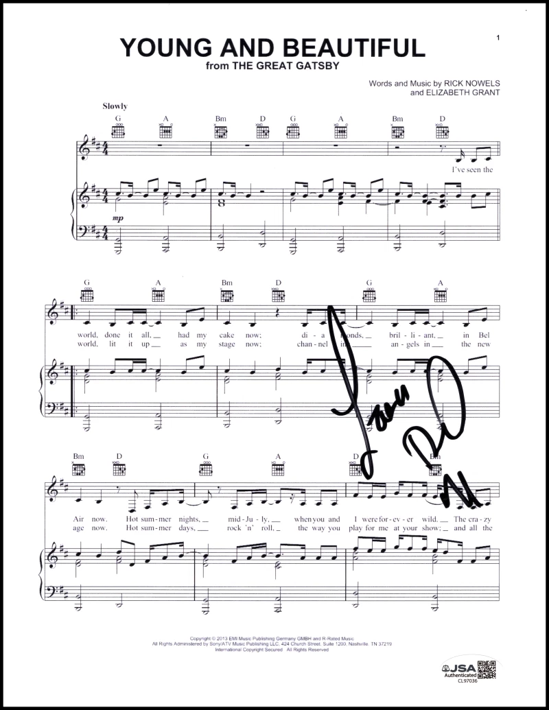 Lana Del Rey Signed Autograph Young and Beautiful Sheet Music w/ JSA COA