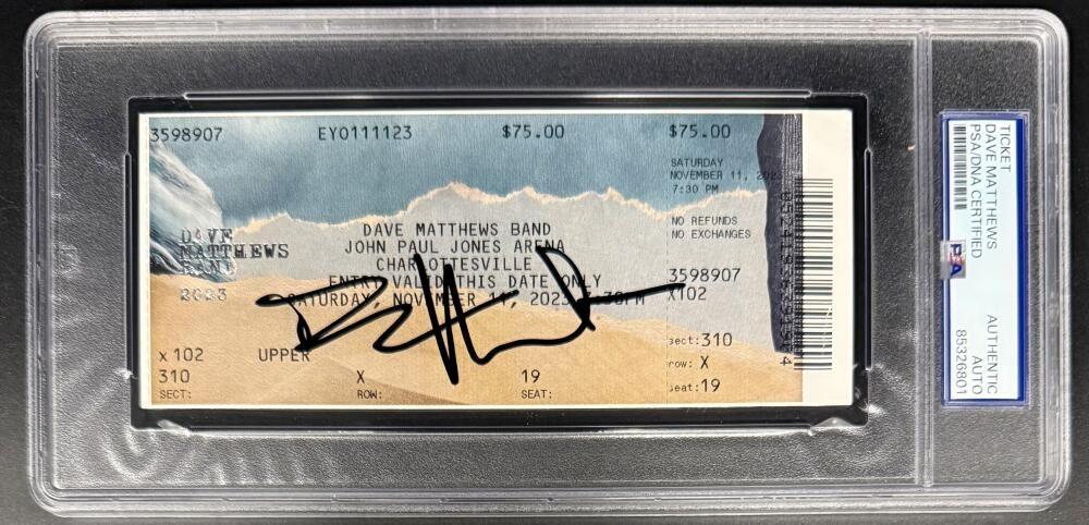 Dave Matthews Signed Autograph Charlottesville Encapsulated Ticket PSA/DNA Band