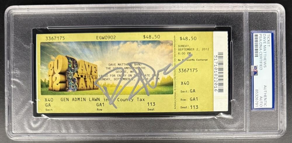 Dave Matthews Signed Autograph Gorge 2012 Encapsulated Ticket PSA/DNA Band COA