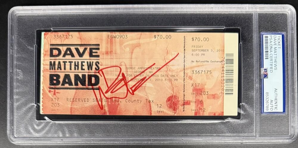 Dave Matthews Signed Autograph Encapsulated Gorge 2010 Ticket PSA/DNA Band COA