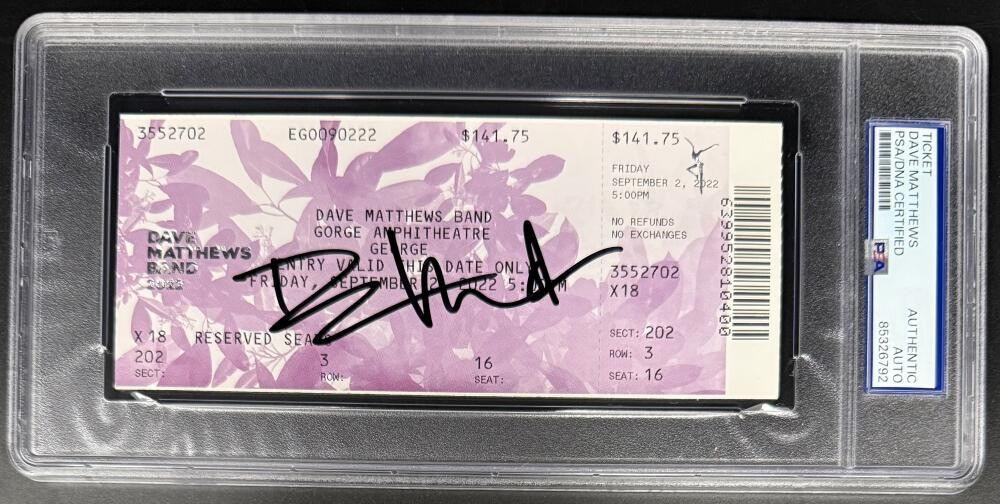 Dave Matthews Signed Autograph Encapsulated Gorge Amp 22 Ticket PSA/DNA Band COA