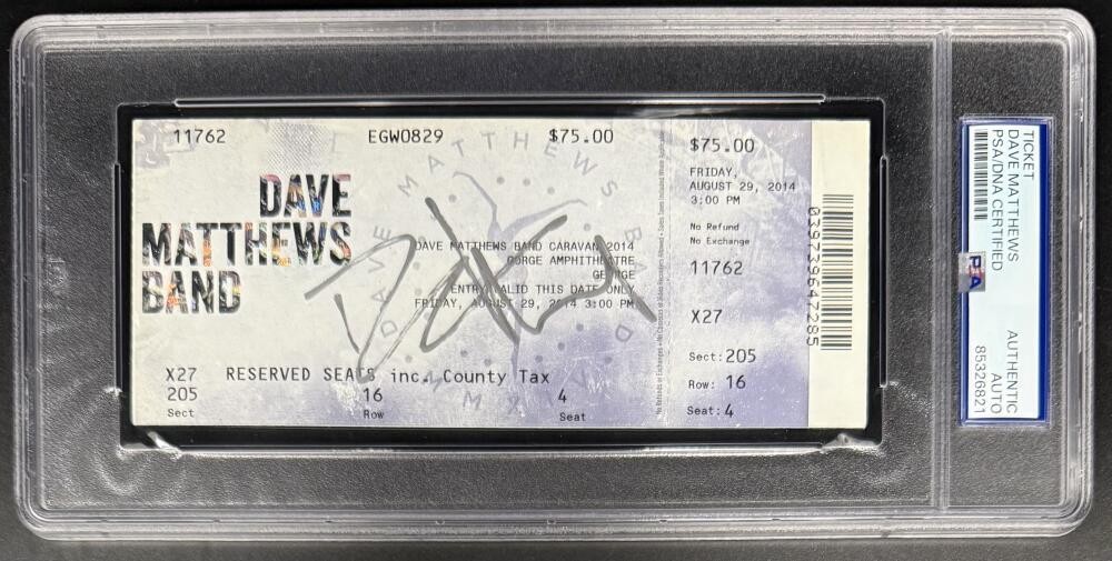 Dave Matthews Signed Autograph Gorge 2014 Encapsulated Ticket PSA/DNA Band COA B