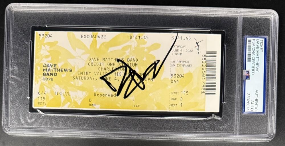 Dave Matthews Signed Autograph Charleston Encapsulated Ticket PSA/DNA Band COA