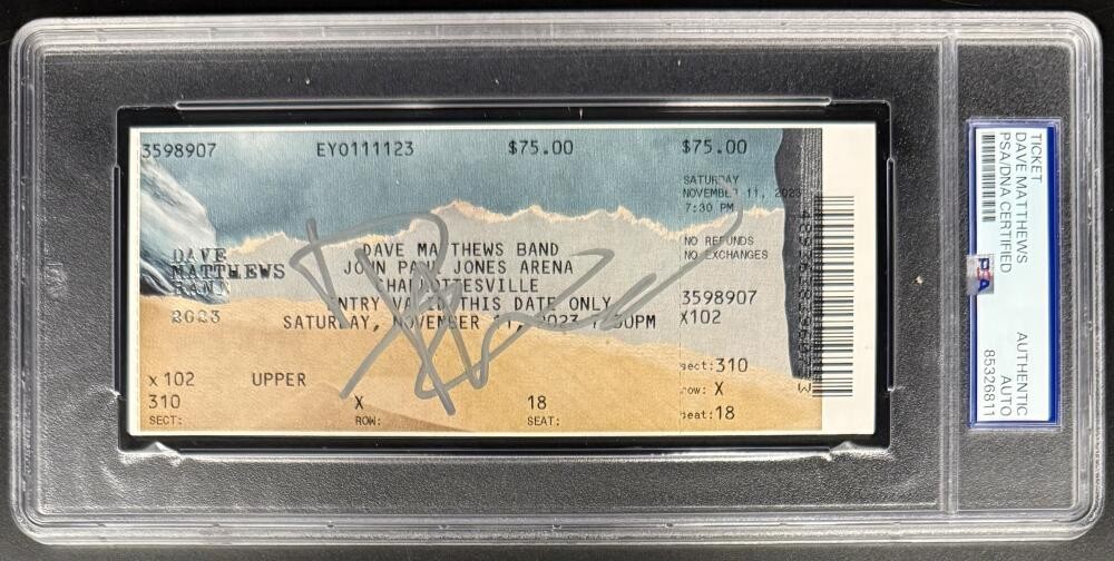 Dave Matthews Signed Autograph Encapsulated Charlottesville Ticket PSA ID: 41054