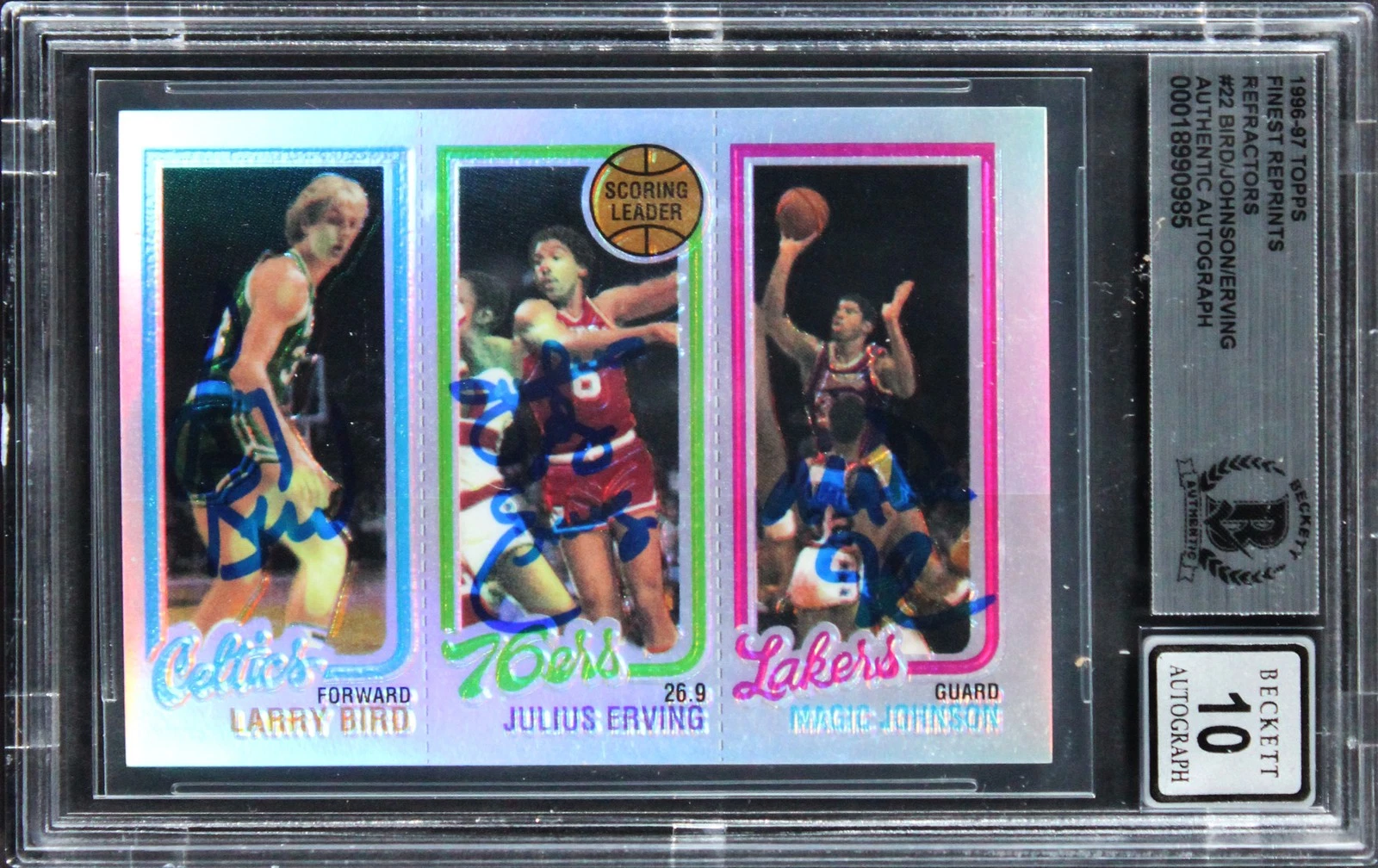Bird/Erving/Magic Signed 1996 Topps Finest Refractors #22 Card Auto 10 BAS Slab