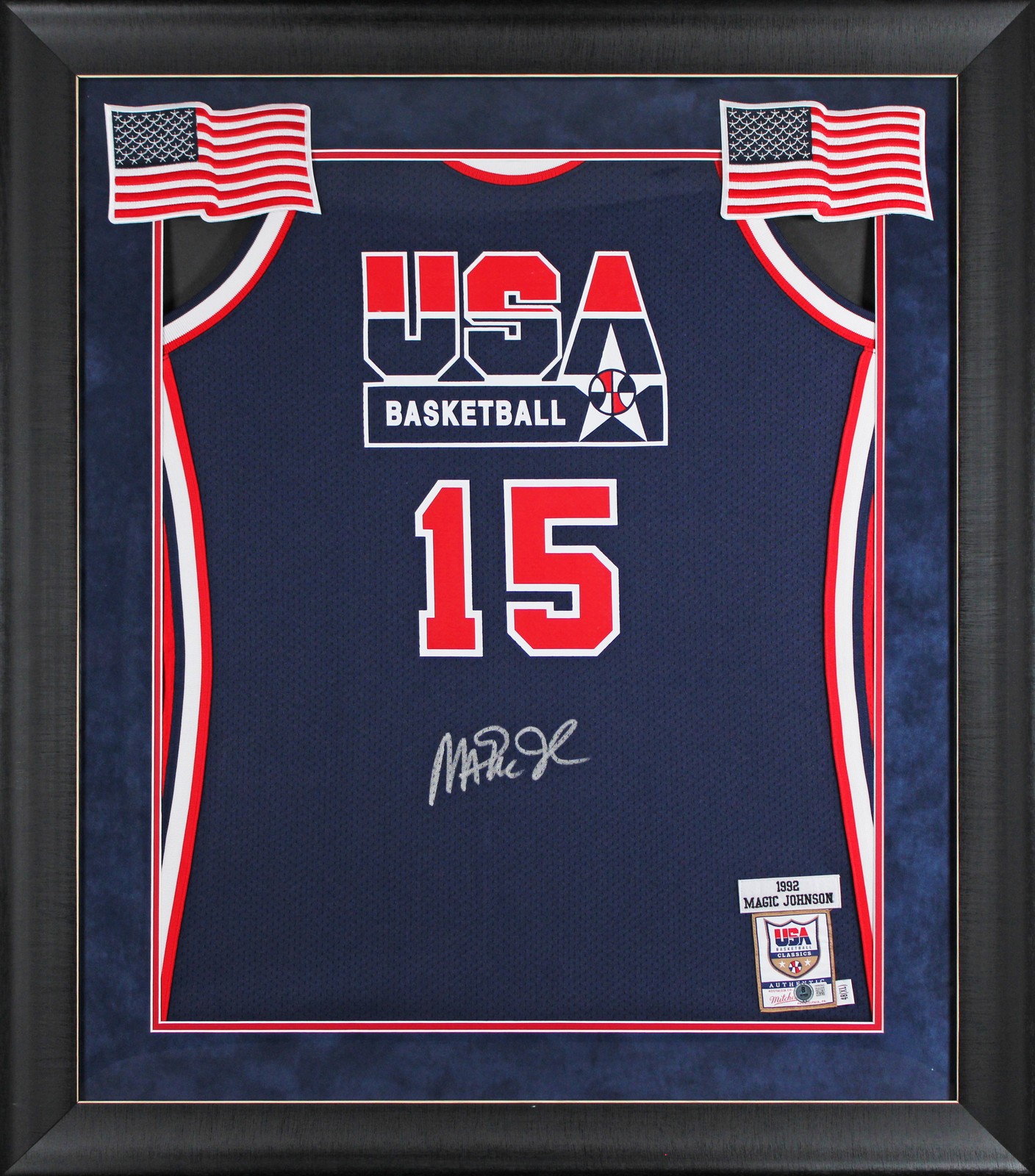 Team USA Magic Johnson Signed Navy M&N 1992 Swingman Framed Jersey BAS Witnessed