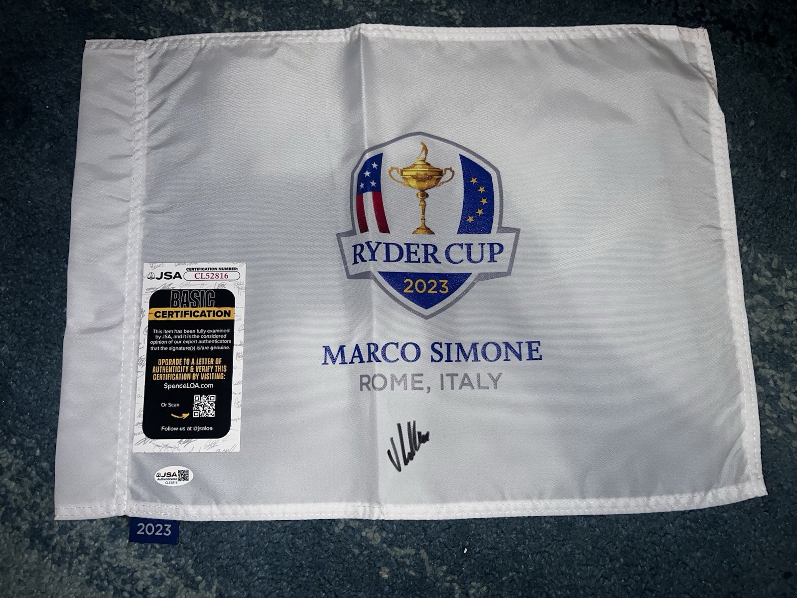 Viktor Hovland Signed Official 2023 Ryder Cup Flag Marco Simone Champ JSA Auth
