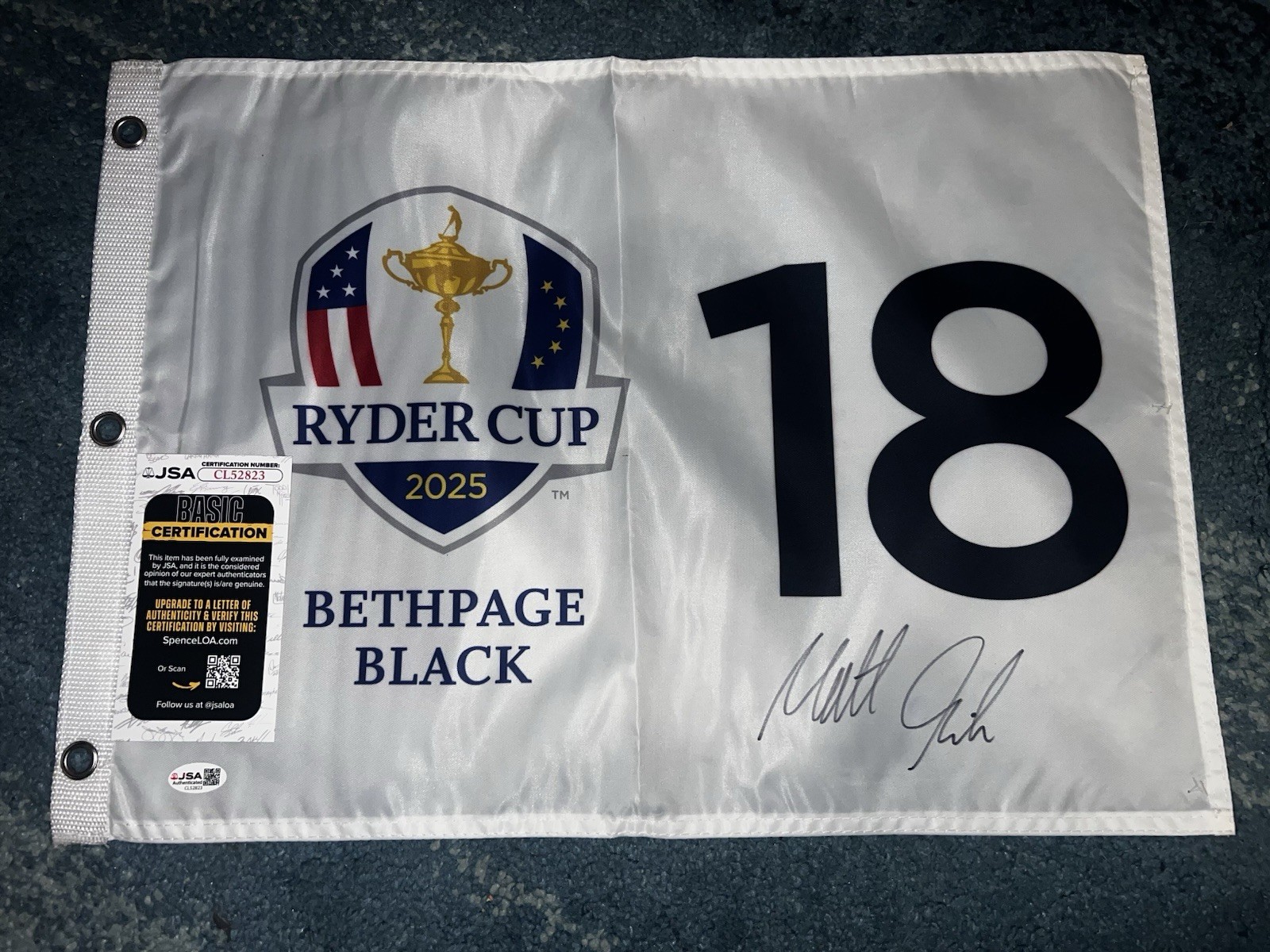Matt Fitzpatrick Signed Official 2025 Ryder Cup Flag Bethpage Black Champs JSA