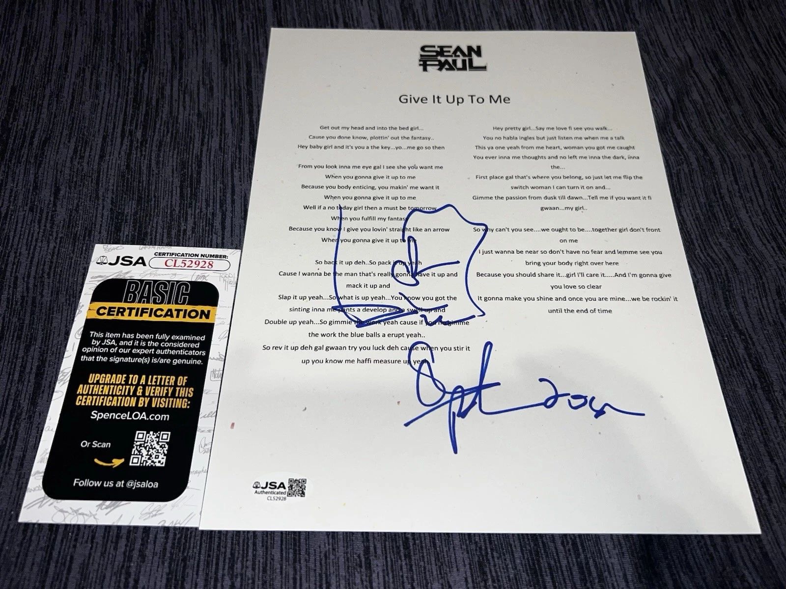 Sean Paul Signed Give It Up To Me Lyric Sheet Jamaica Music Legend JSA Auth #2