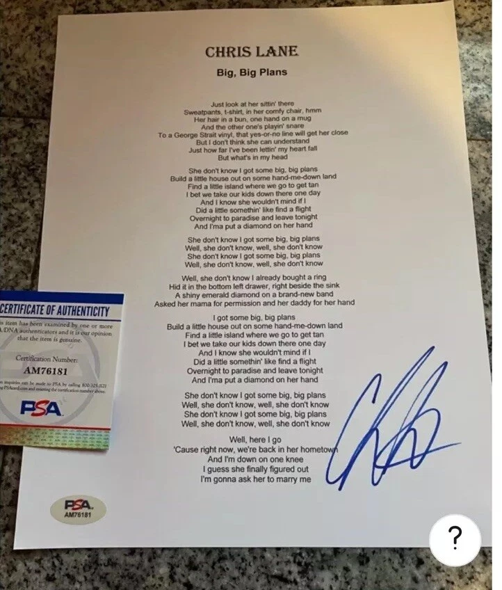 COUNTRY STAR CHRIS LANE SIGNED AUTOGRAPHED LYRIC SHEET PSA COA BIG BIG PLANS