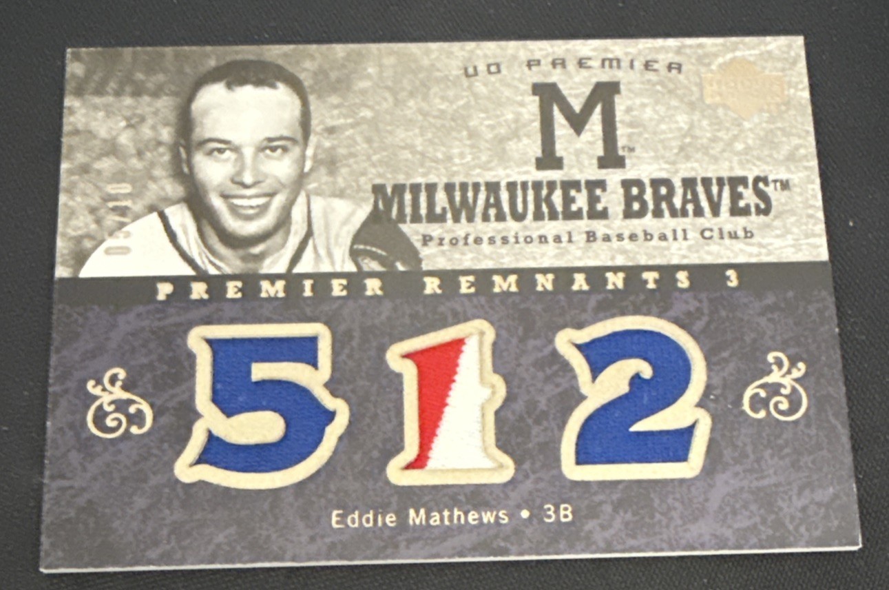 Eddie Mathews 2007 Upper Deck Premier Triple Game Used Jersey Patch /10 HOF