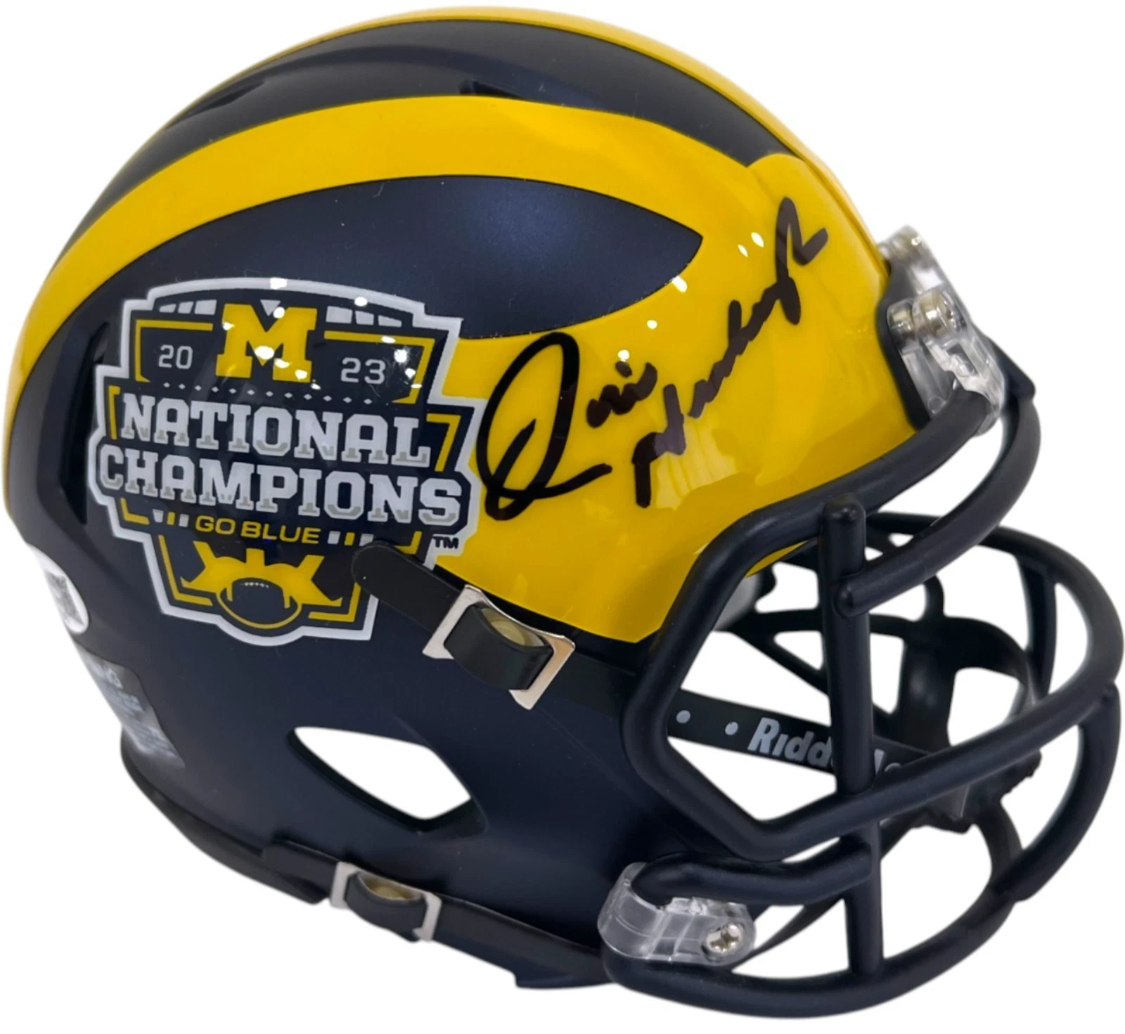 JIM HARBAUGH SIGNED MICHIGAN WOLVERINES FOOTBALL 2023 CHAMPS MINI HELMET JSA