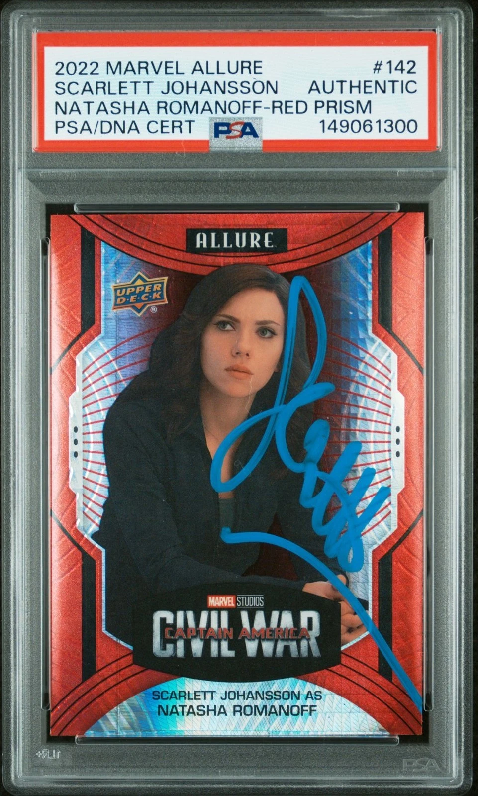 SCARLETT JOHANSSON SIGNED 2022 MARVEL ALLURE RED PRISM #142 BLACK WIDOW AUTO PSA