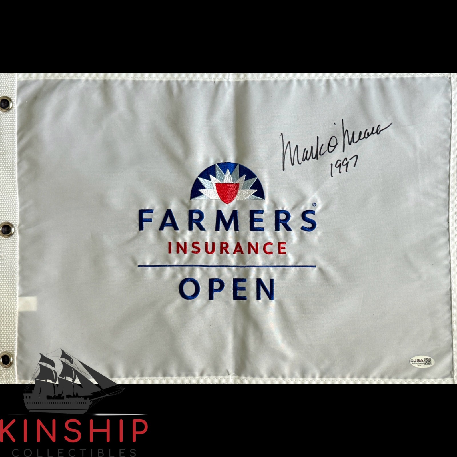 Mark O'Meara signed Farmers Insurance Open Flag JSA COA Golf Masters Auto G187