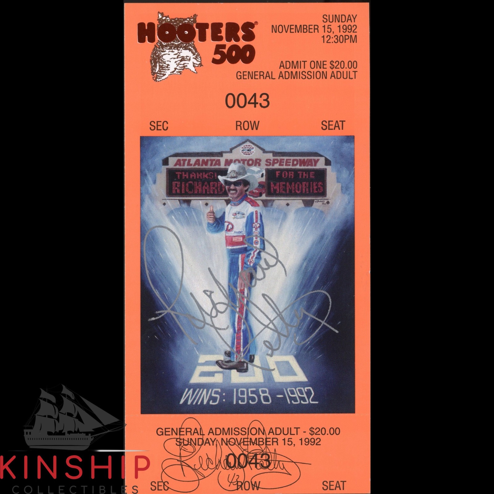 Richard Petty signed 1992 Hooters 500 Ticket JSA COA NASCAR Rare Last Race Z2543