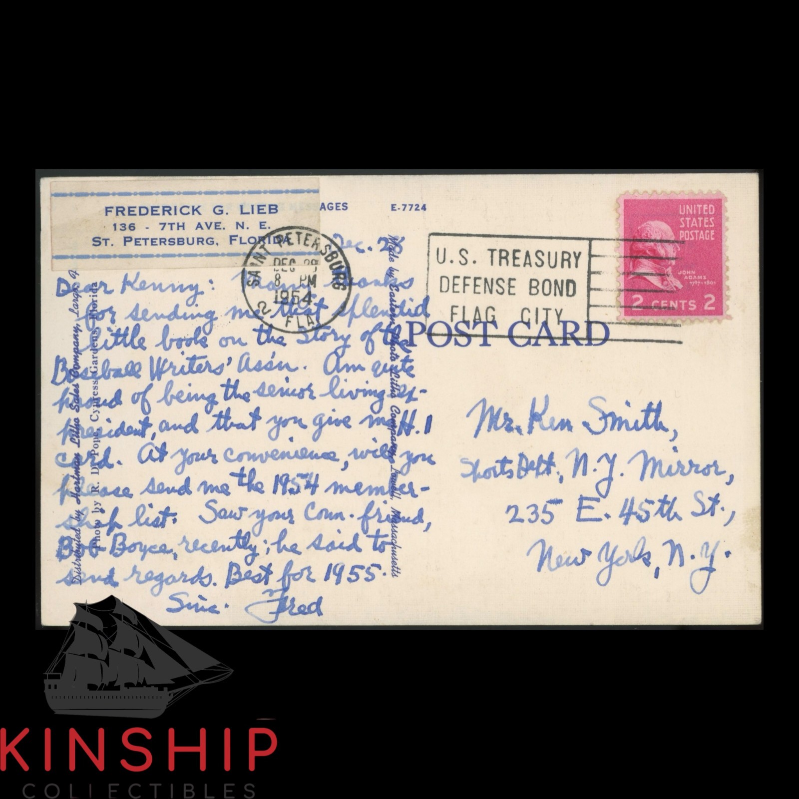 Fred Lieb signed Postcard JSA COA BBWAA HOF Writer Inscribed Auto Rare Z2549