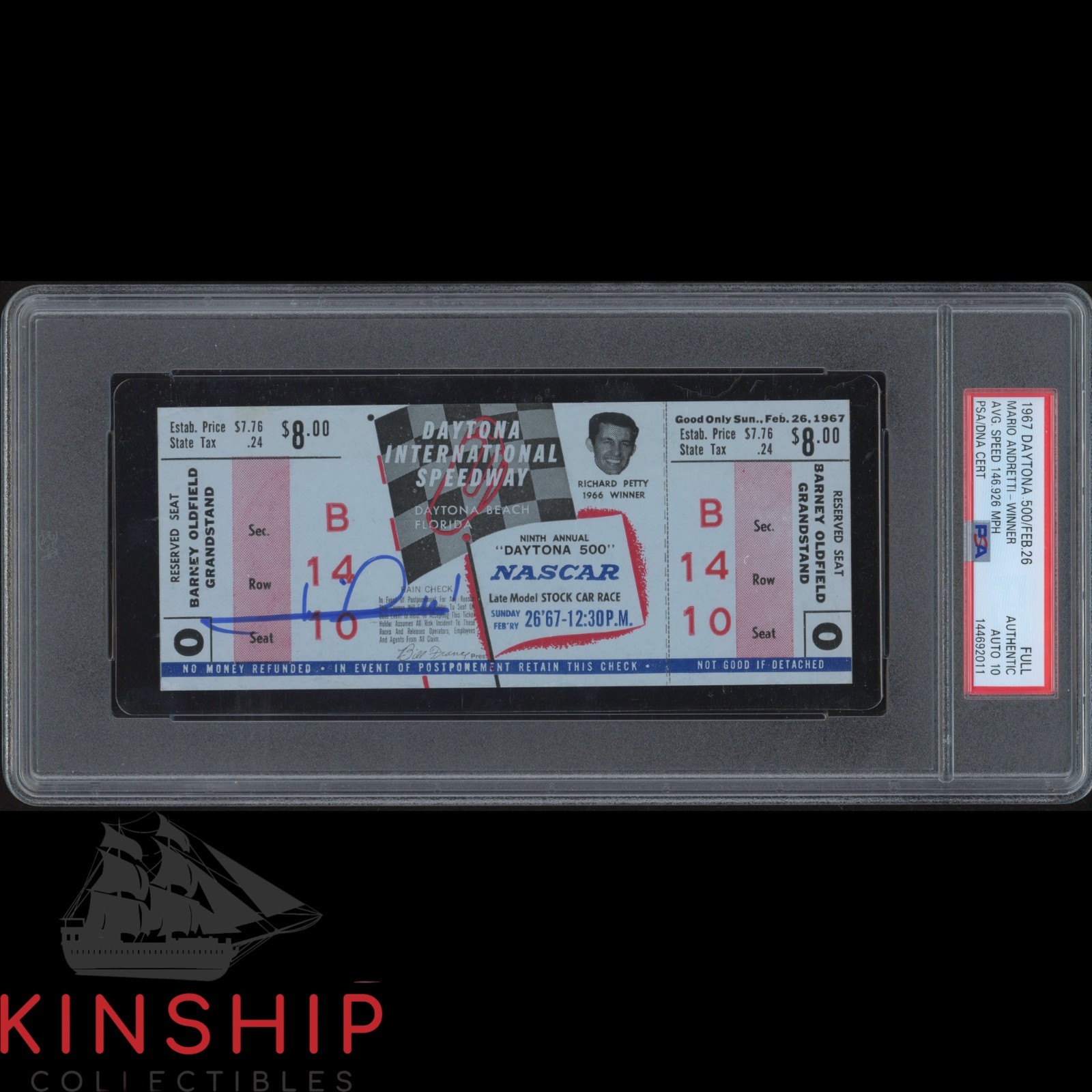 Mario Andretti signed 1967 Daytona 500 Ticket PSA DNA Slab NASCAR Auto 10 C5806