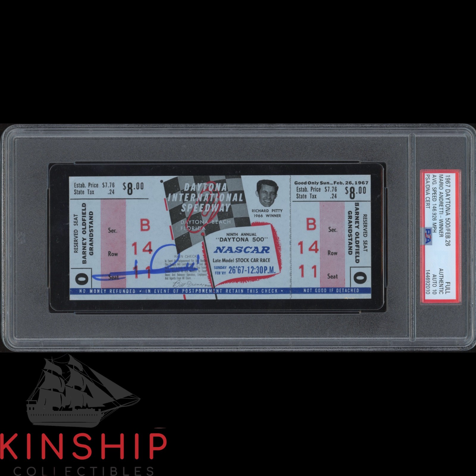 Mario Andretti signed 1967 Daytona 500 Ticket PSA DNA Slab NASCAR Auto 10 C5807