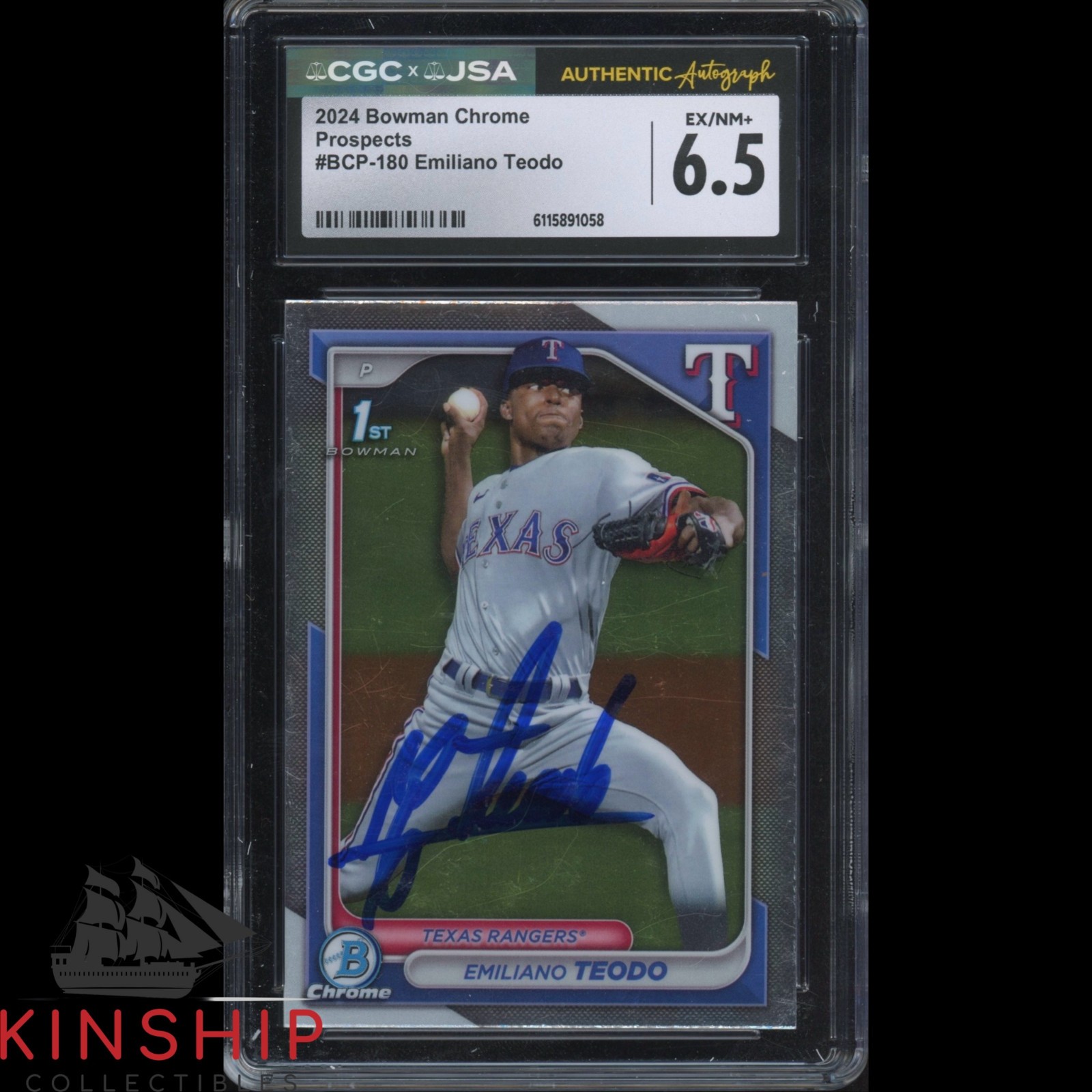 Emiliano Teodo signed 2024 Bowman Chrome Card JSA CGC Slab Rangers Auto C5903