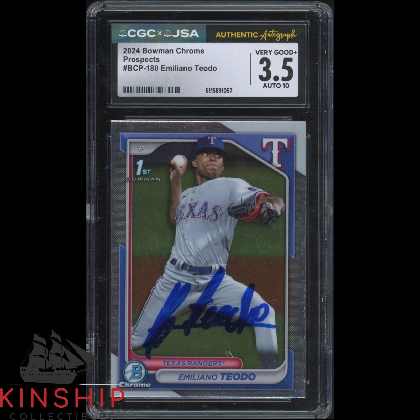 Emiliano Teodo signed 2024 Bowman Chrome Card JSA CGC Slab Rangers Auto C5902