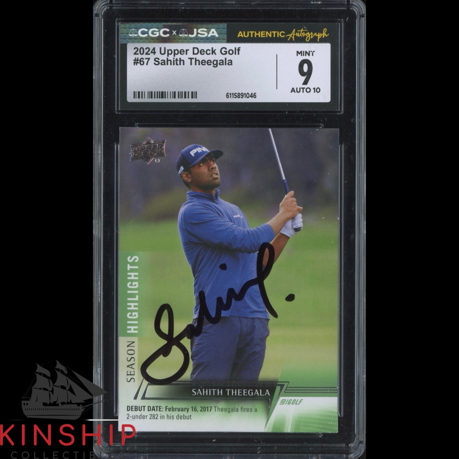 Sahith Theegala signed 2024 Upper Deck Card #67 JSA CGC Slab Golf Auto 10 C5834