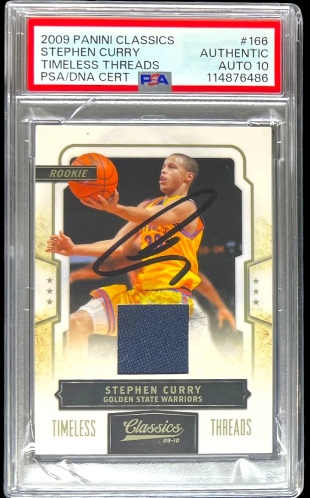 STEPHEN CURRY SIGNED 2009 PANINI CLASSICS TIMELESS THREADS ROOKIE PSA AUTO 10