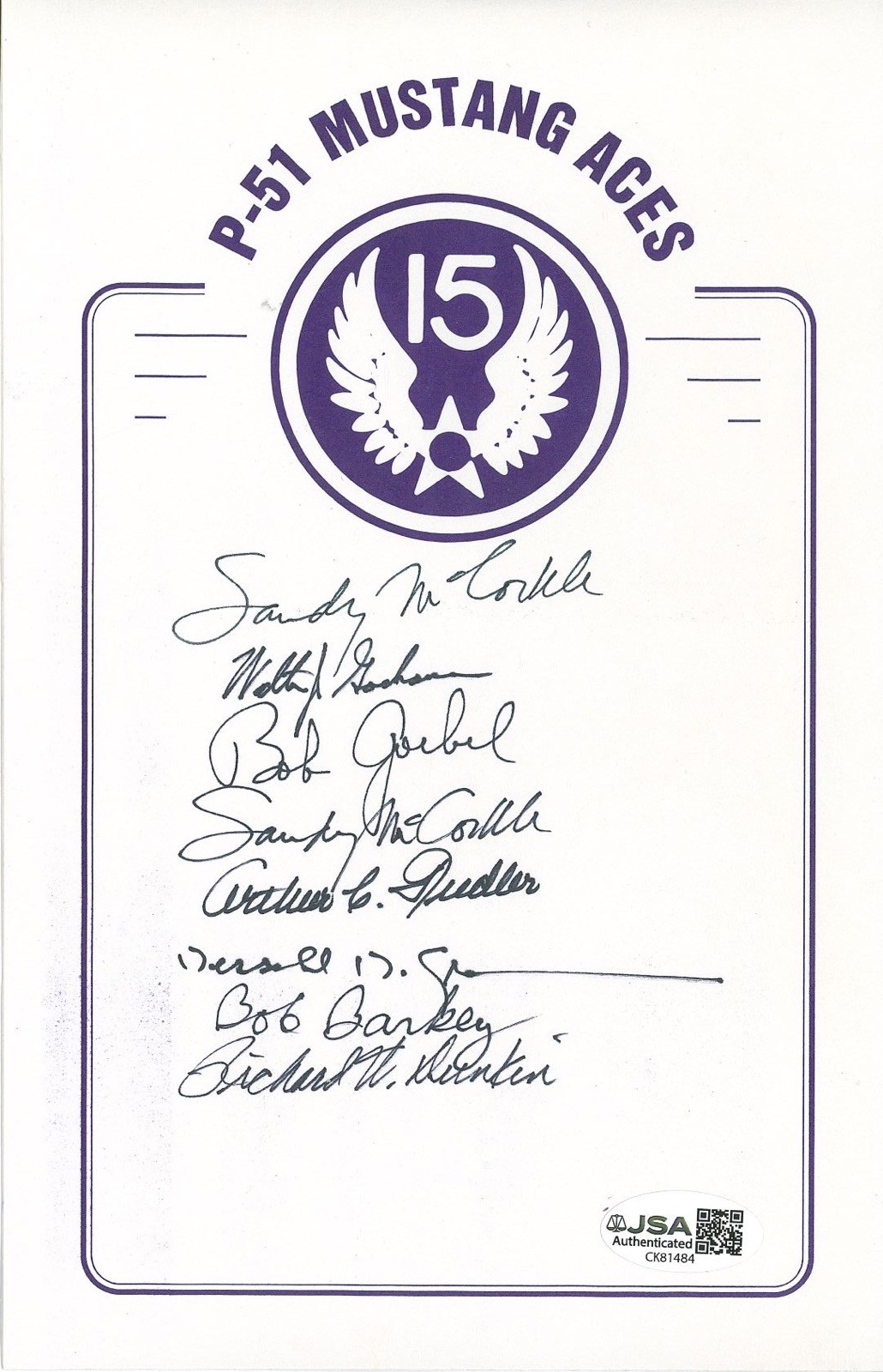 WWII 15th AF P-51 ACES MULTI SIGNED BOOKPLATE JSA GREEN BARKEY DUNKIN + MORE