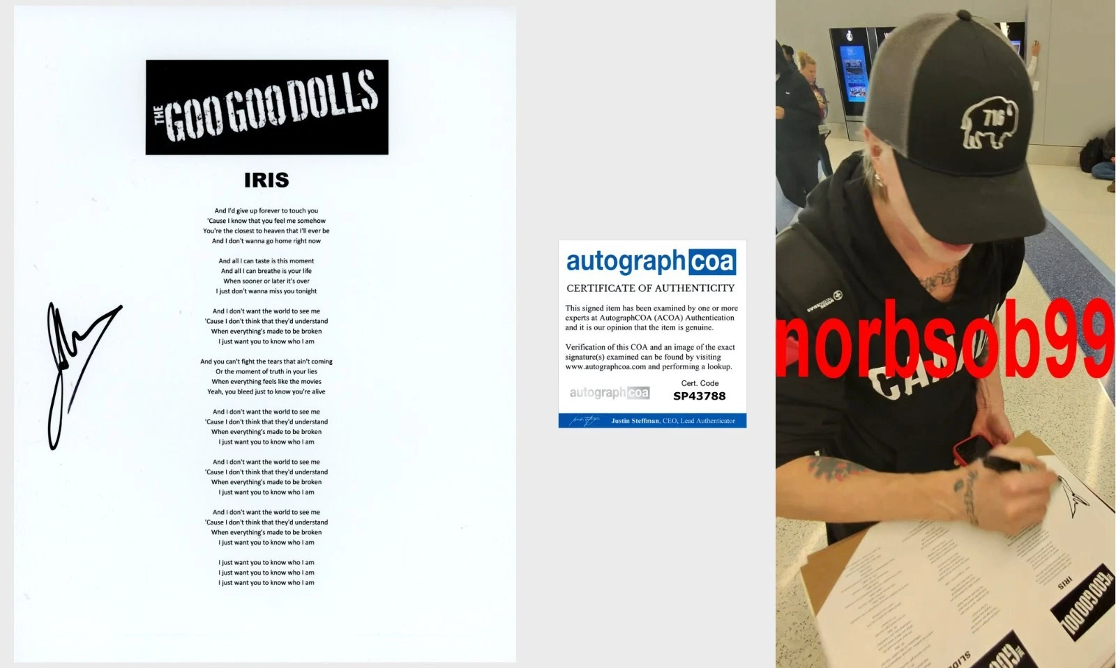 JOHNNY RZEZNIK SIGNED GOO GOO DOLLS IRIS LYRIC SHEET EXACT PROOF & AUTOGRAPH COA