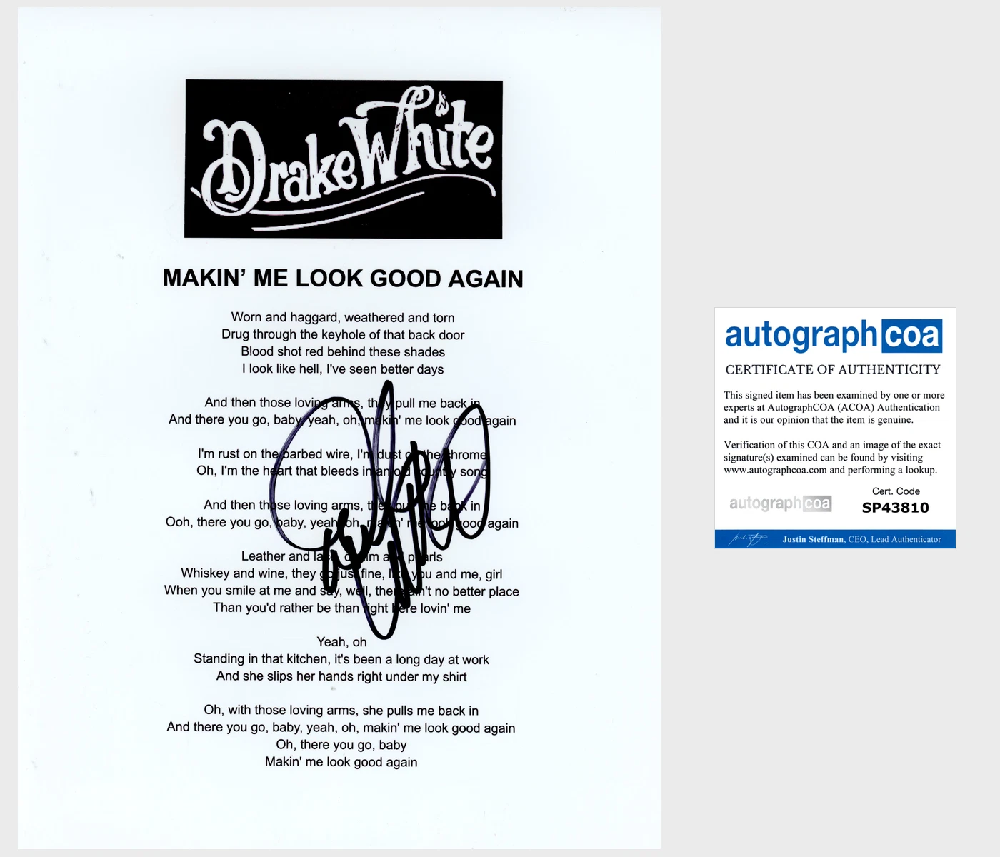 DRAKE WHITE SIGNED MAKIN' ME LOOK GOOD AGAIN LYRIC SHEET w/PROOF & AUTOGRAPH COA