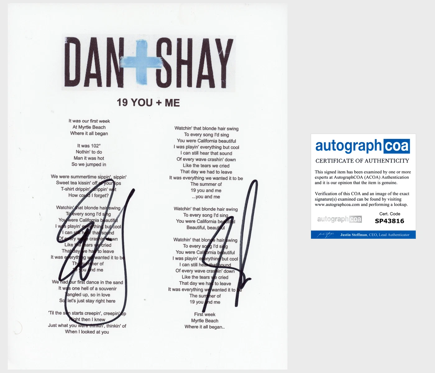 DAN + SHAY SIGNED AUTOGRAPH 19 YOU + ME LYRIC SHEET COA DAN SMYERS & SHAY MOONEY
